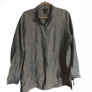 Eileen Fisher Blue Italian Linen Viscose Mandarin Collar Button Down Shirt XL